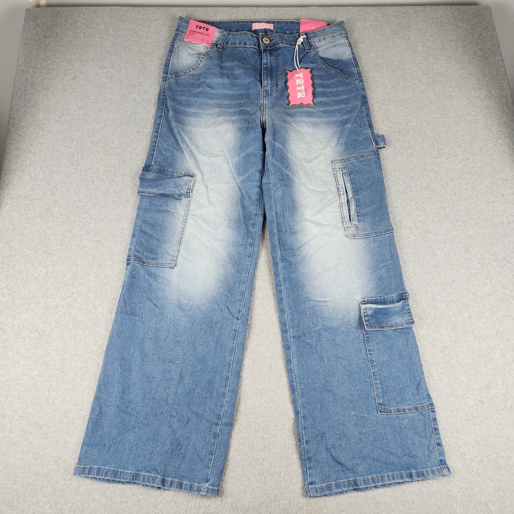 TRTR Cargo Wide Leg Jeans Womens 14 Blue Light Wash Relaxed Carpenter Utility